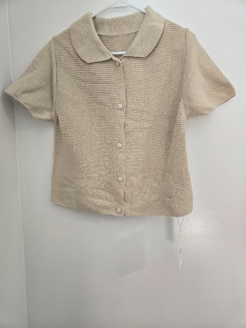 Saodimallsu Women’s Cropped Cardigan Size M Beige Short Sleeve Collared